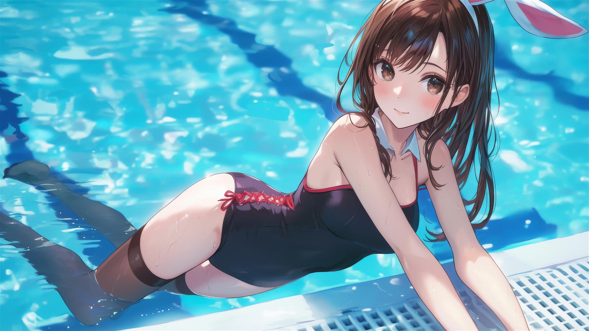Mizuhara Chizuru from To Rent A Girlfriend resting by pool in moonlight