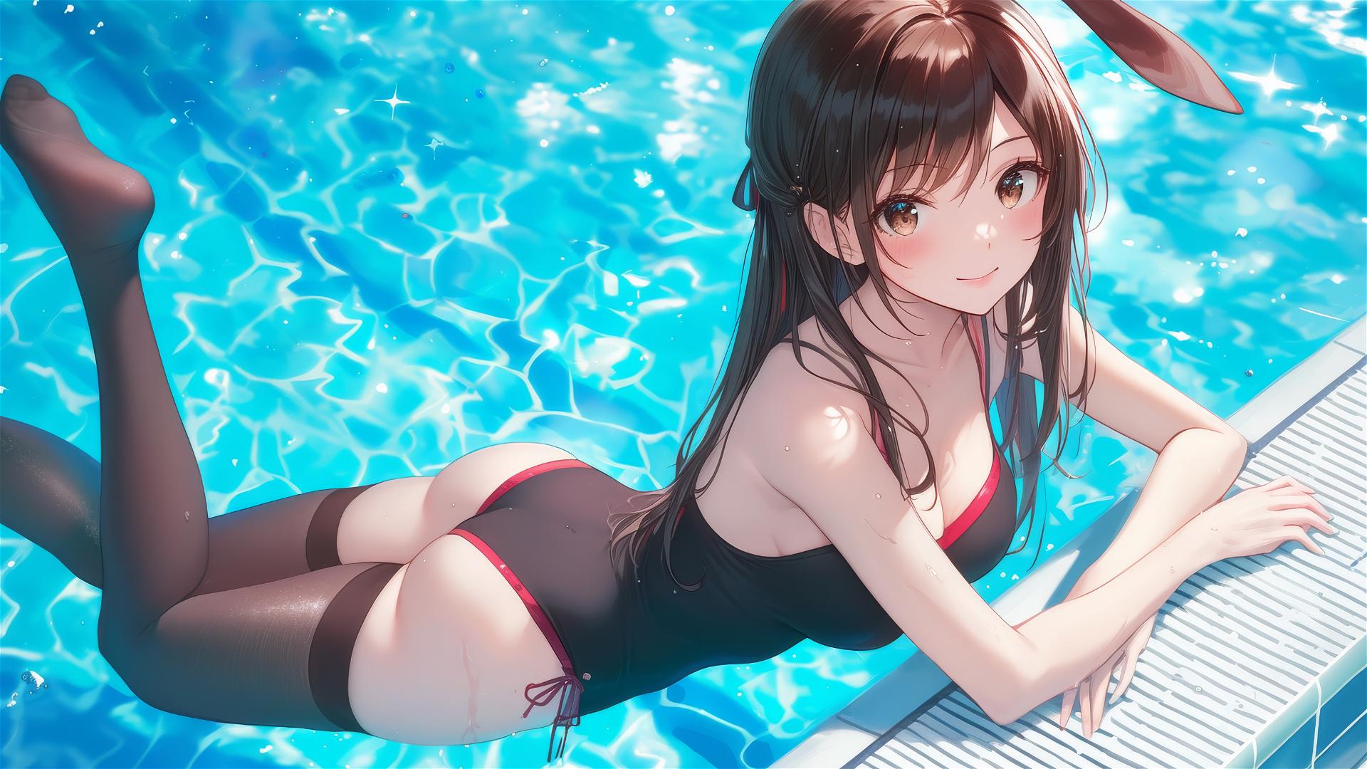 Mizuhara Chizuru by pool, moonlight glow, brown hair