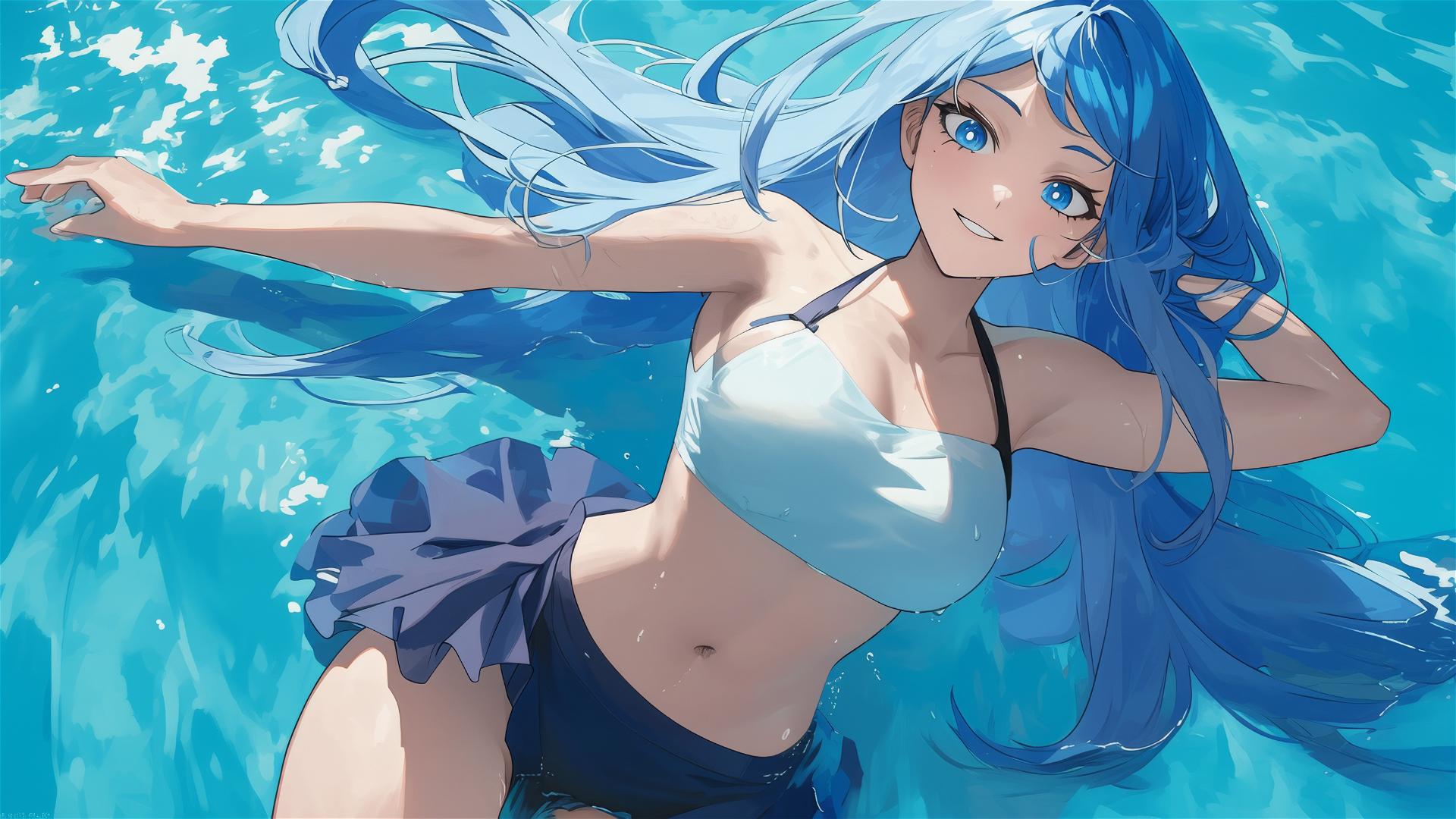 Nejire Hadou from My Hero Academia in pool under moonlight