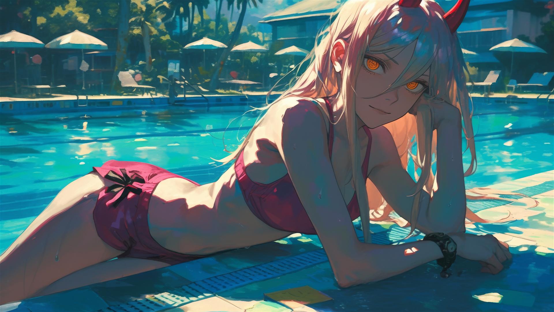 Power from Chainsaw Man resting by pool under moonlight, yellow eyes glowing