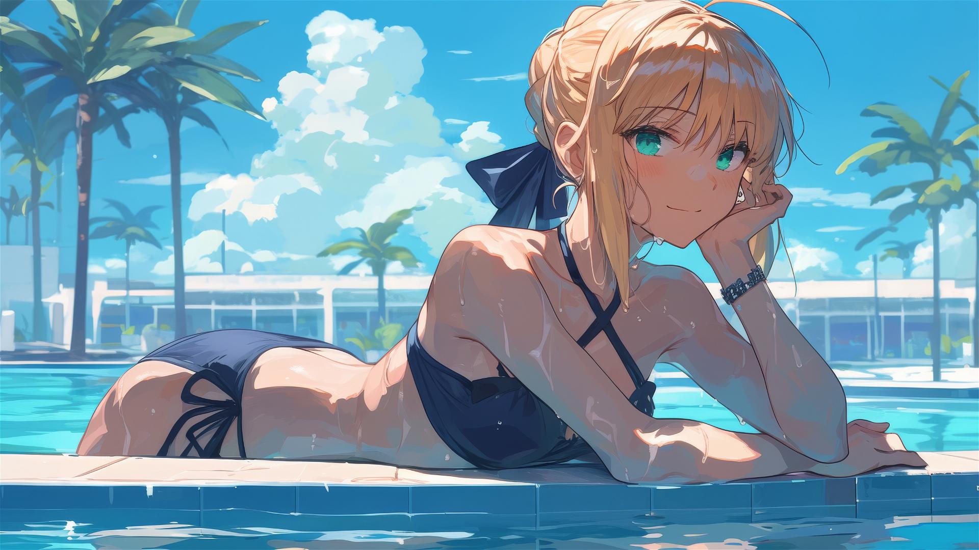 Saber from Fate/Zero resting by pool under moonlight