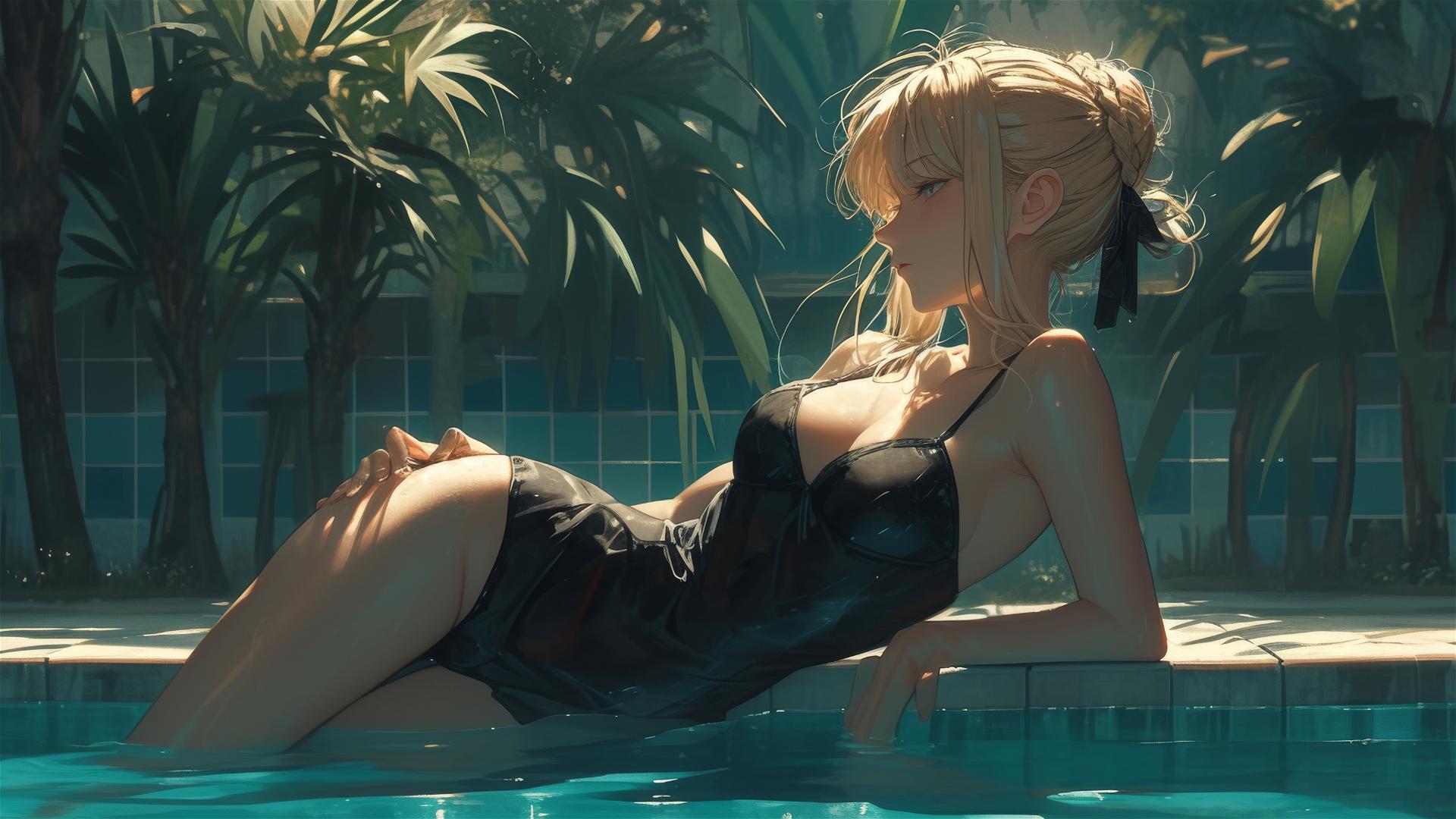 Saber from Fate/Zero resting by pool under moonlight