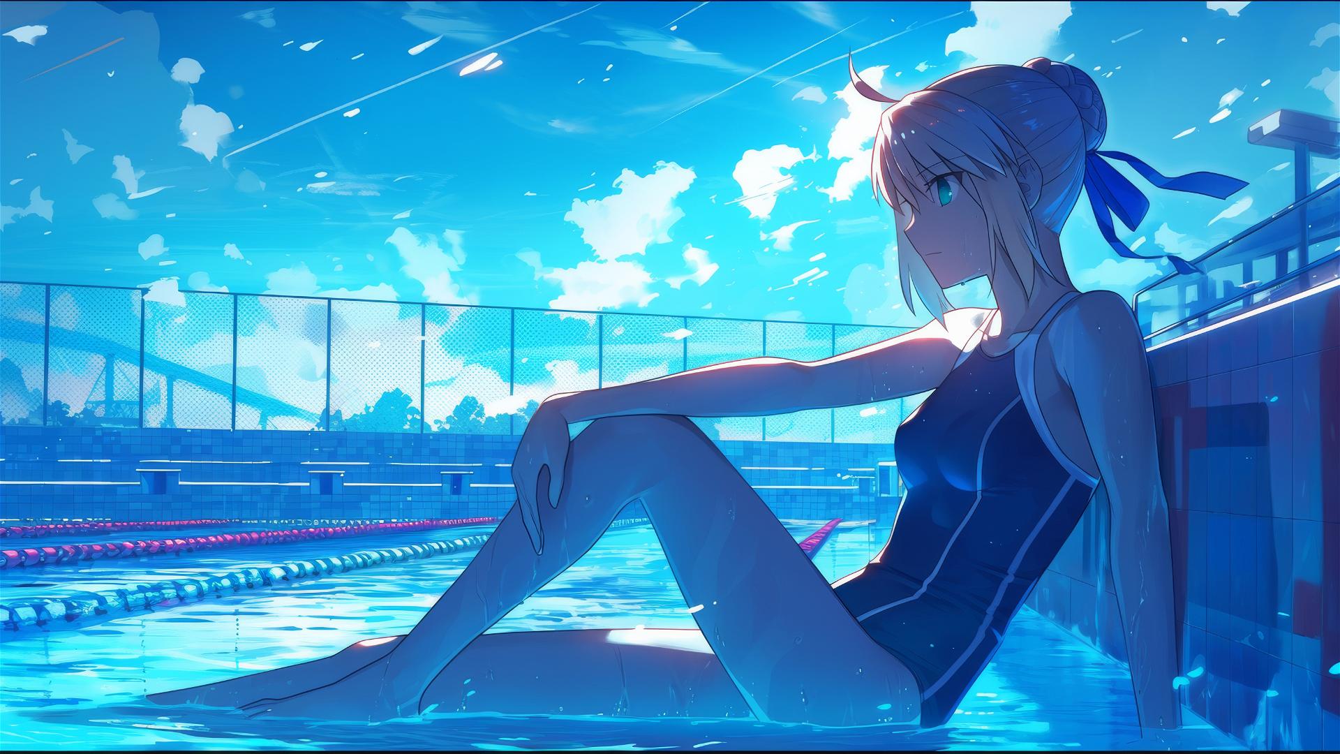 Saber from Fate/Zero resting by pool under moonlight