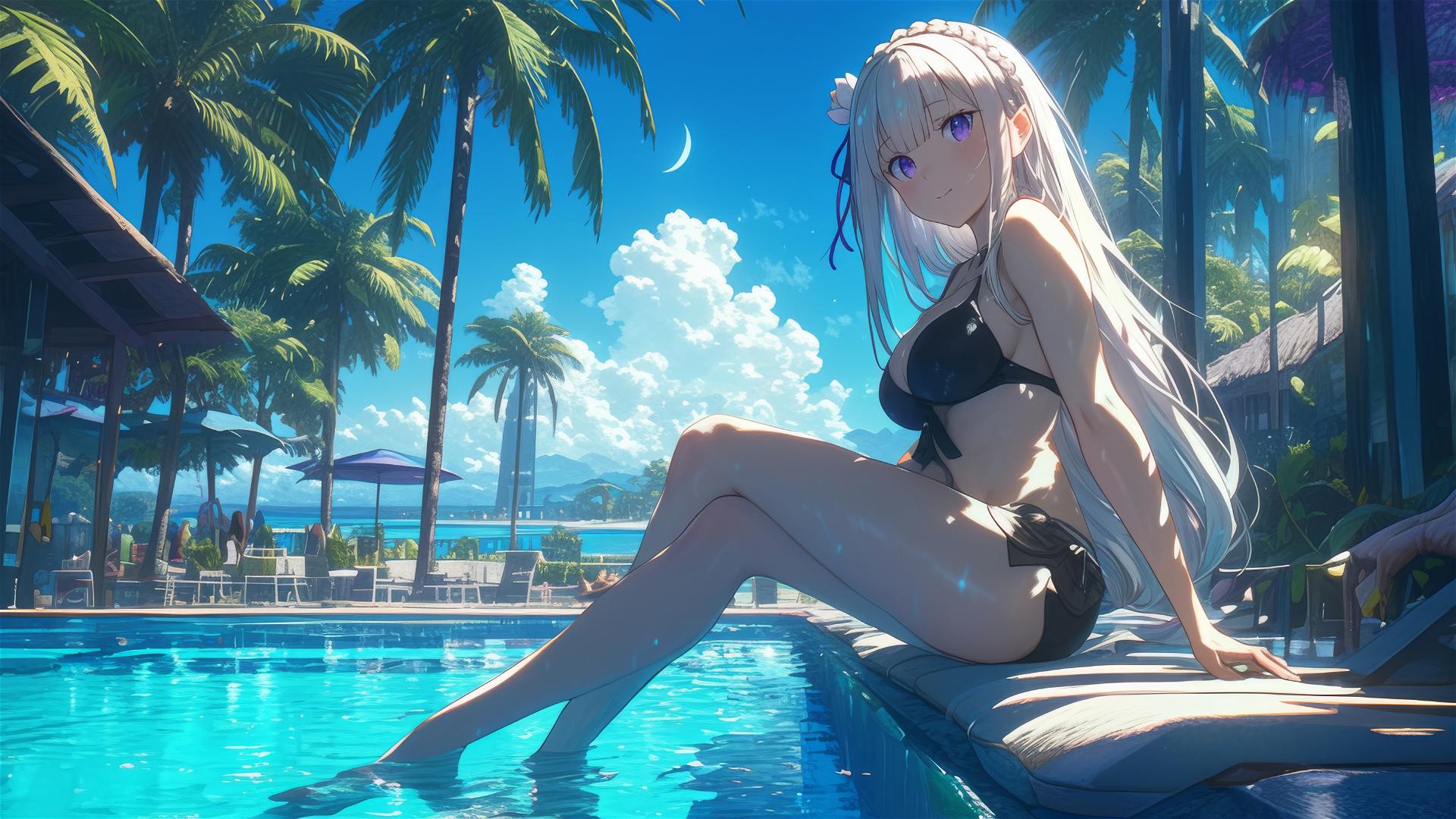 Emilia from Re:Zero resting by pool under moonlight