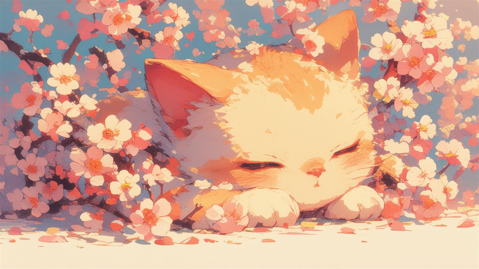 Cute British Shorthair cat sleeping amid colorful flowers, panoramic style inspired by Japanese animation.