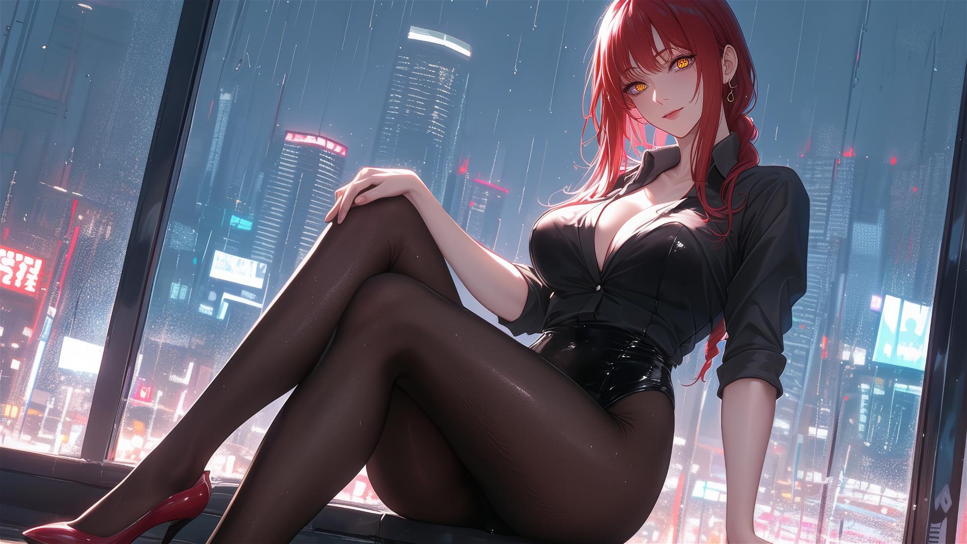 Makima in bunny style on rooftop with moonlight and rain