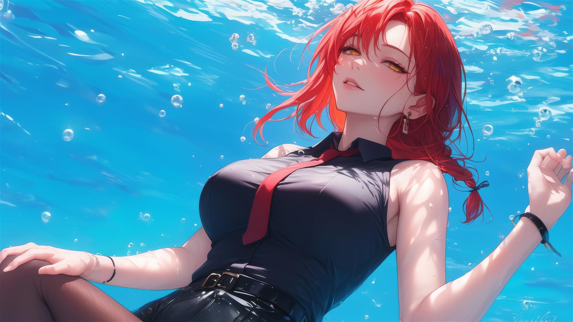 Makima from Chainsaw Man swimming under moonlight with red hair and bunny girl style on a rainy day