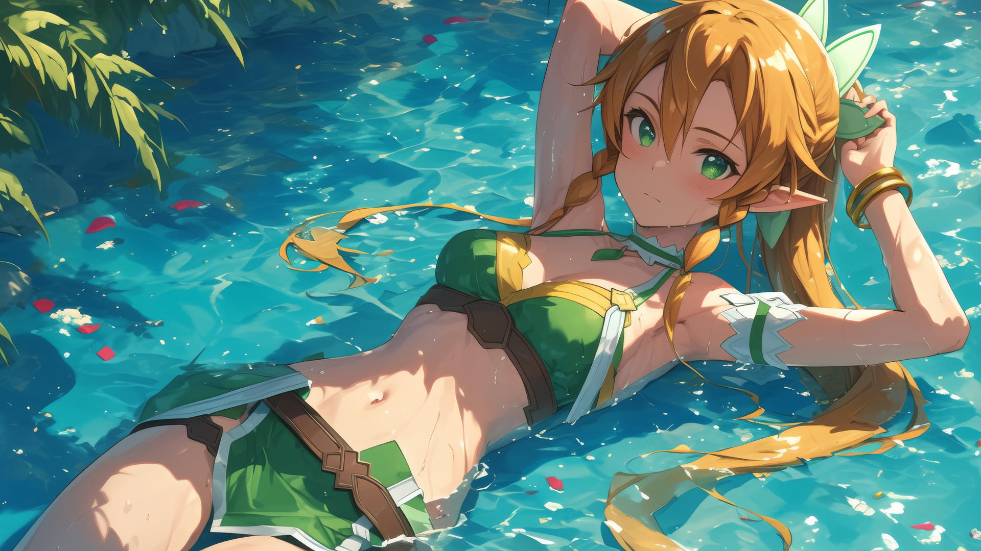 Leafa from SAO standing in a pool under moonlight