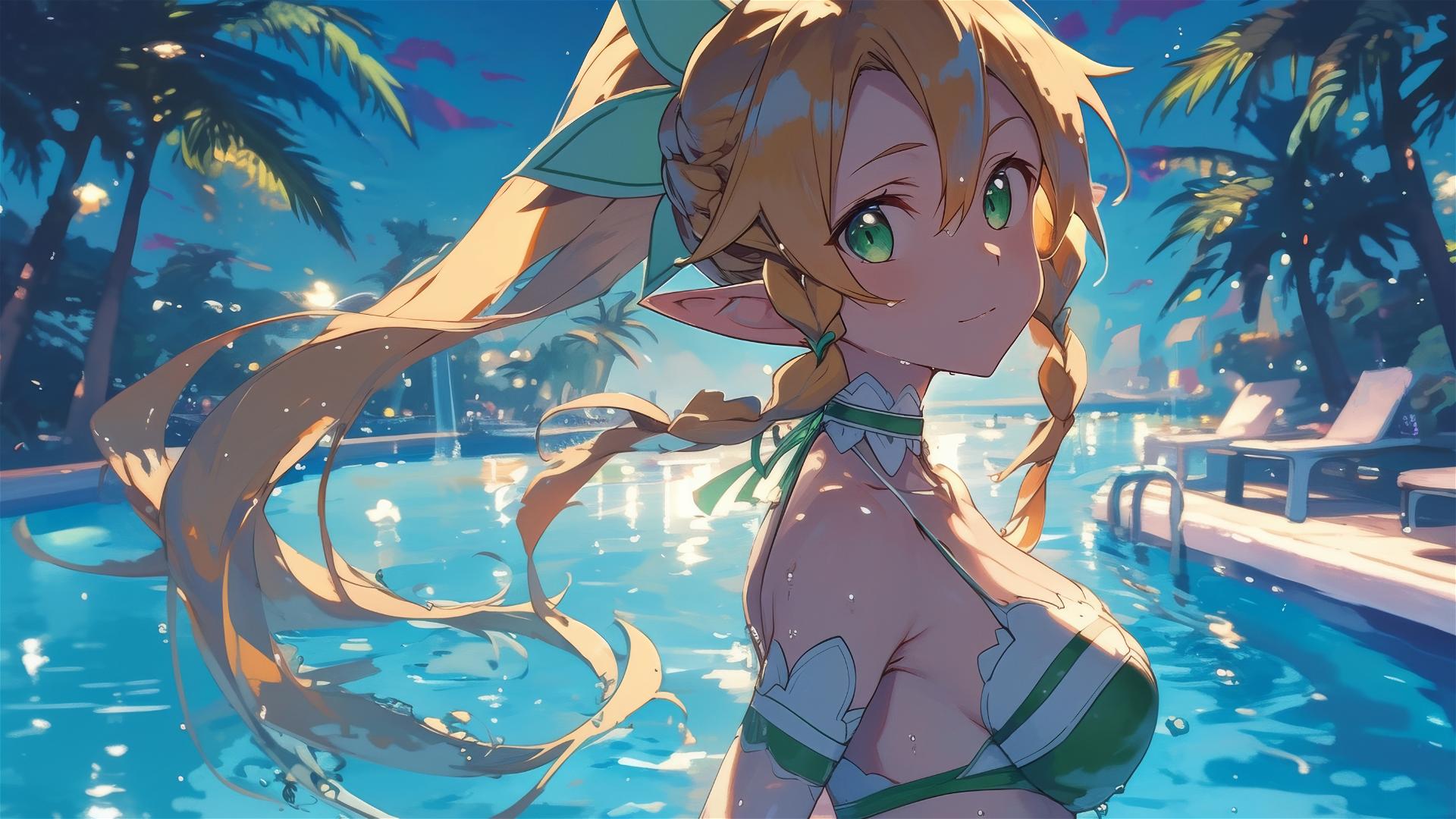 Leafa from Sword Art Online standing by a pool under moonlight