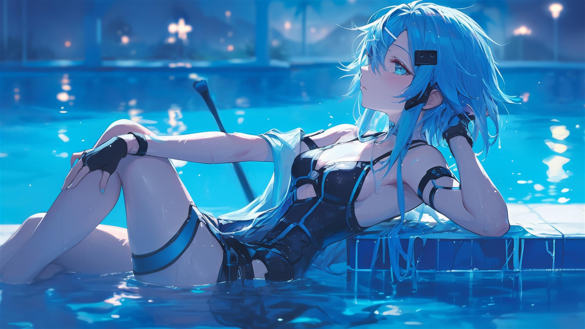 Sinon from SAO resting by pool under moonlight