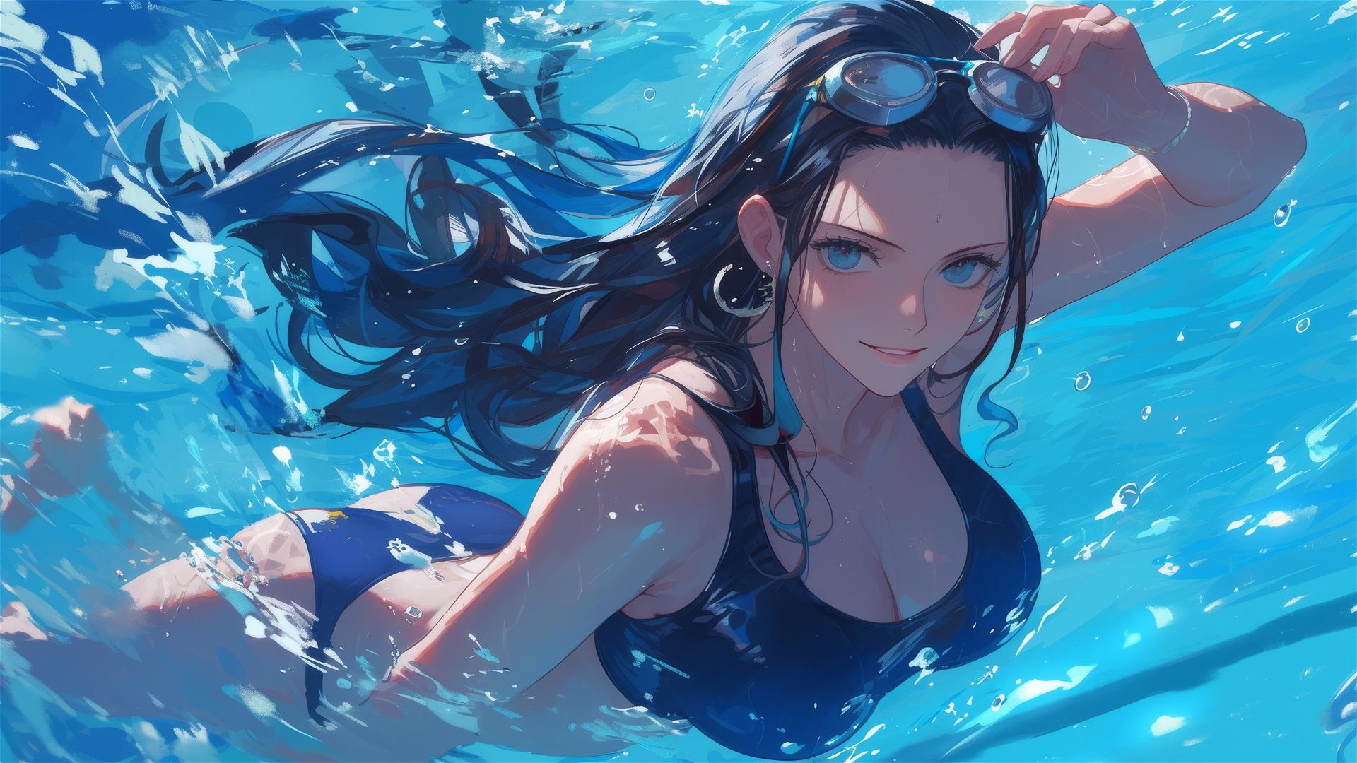 Nico Robin from One Piece swimming in moonlit pool