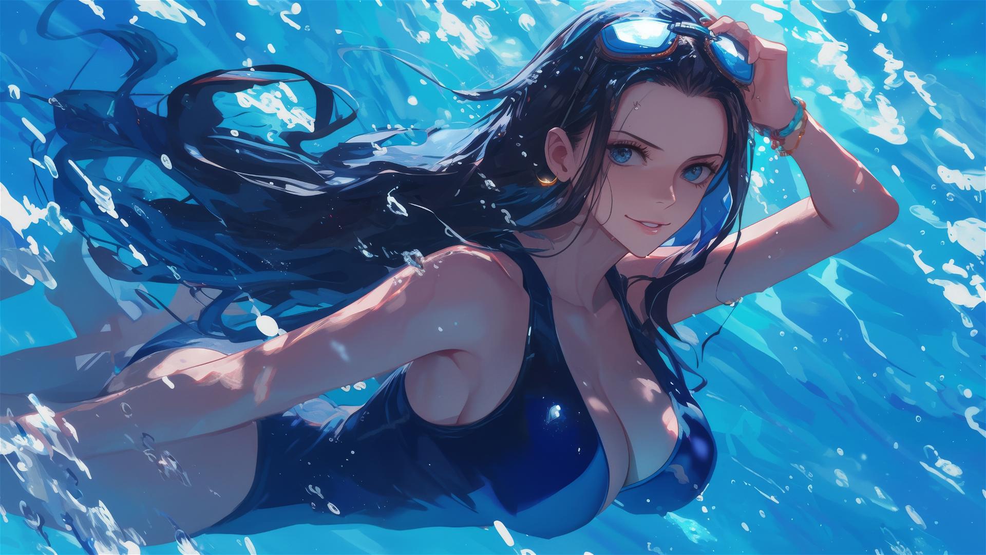 Nico Robin from One Piece swimming in moonlit pool