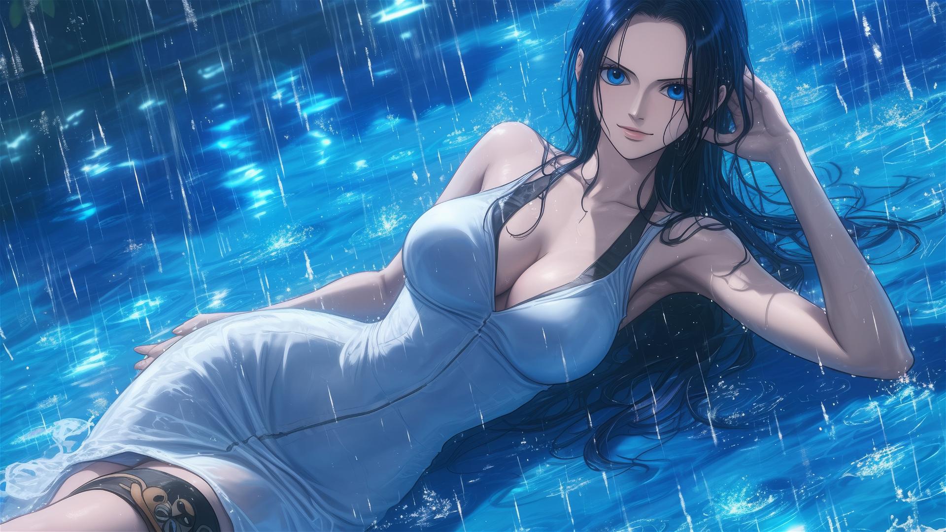 Nico Robin from One Piece swimming in a rain-kissed pool with moonlight glow, bunny girl style, blue eyes, in a white outfit.