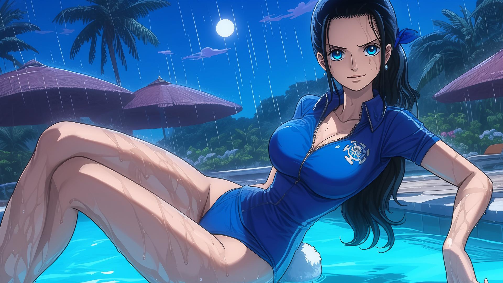 Nico Robin from One Piece resting by a rainy pool under moonlight, blue eyes, bunny girl style on a rainy day