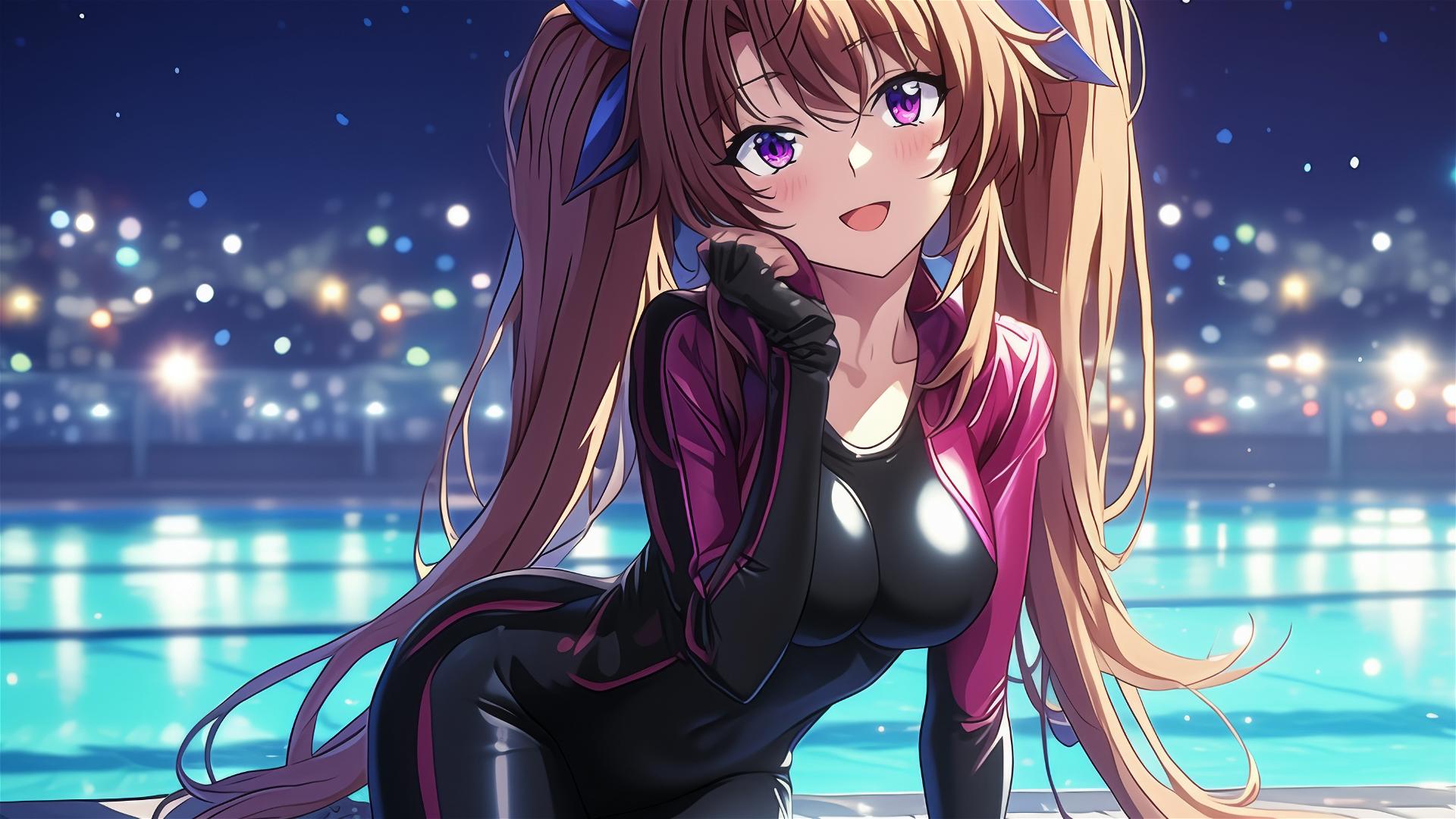 Irina Shidou from High School DxD by the pool under moonlight, violet eyes, chestnut twintails