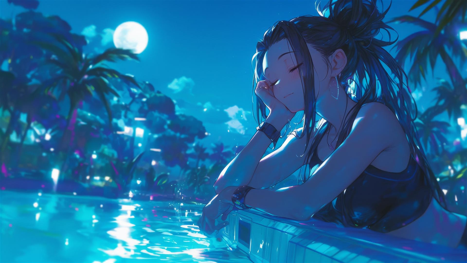 Momo Yaoyorozu from My Hero Academia resting by the pool under moonlight