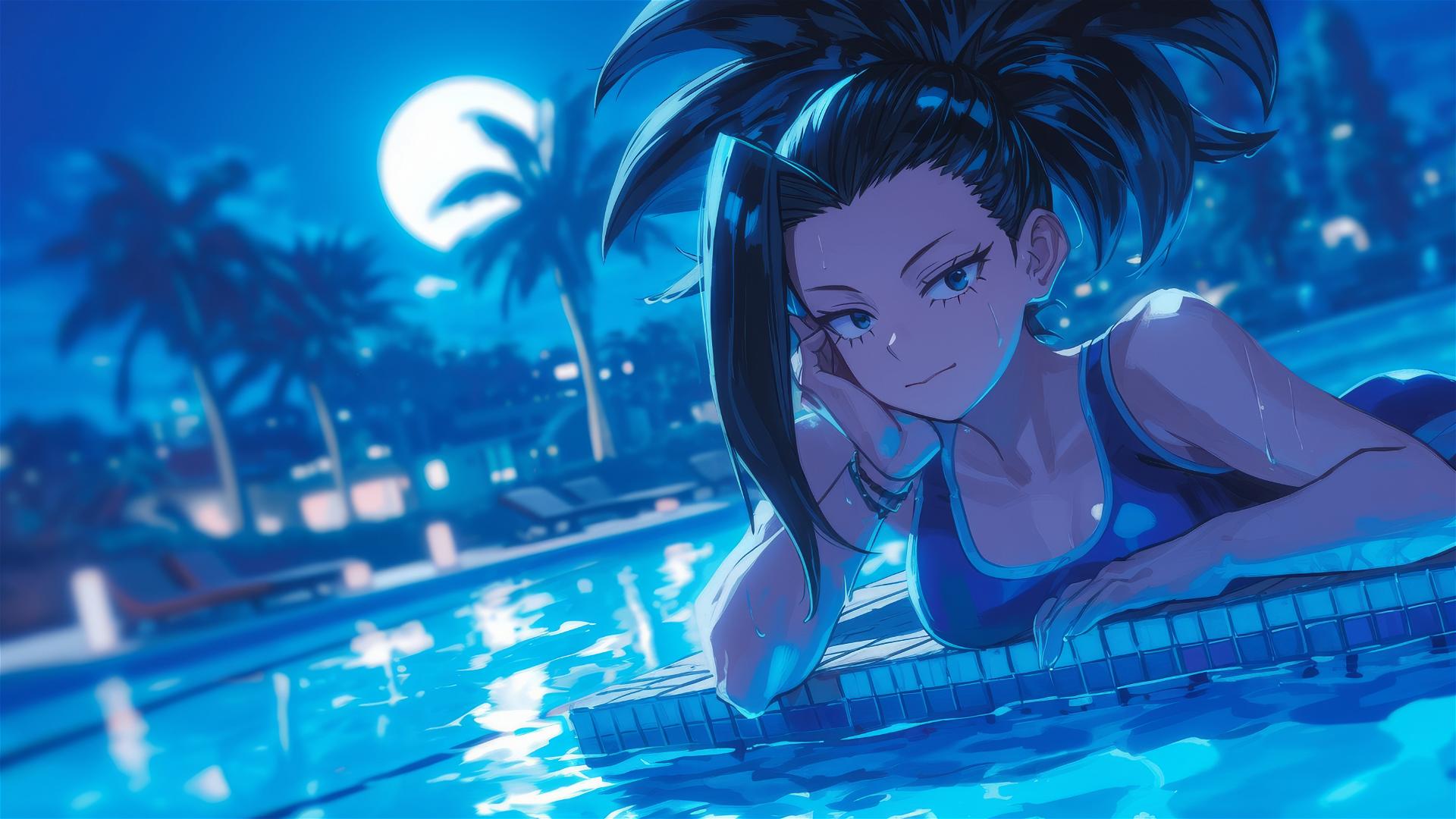 Momo Yaoyorozu from My Hero Academia resting by pool under moonlight