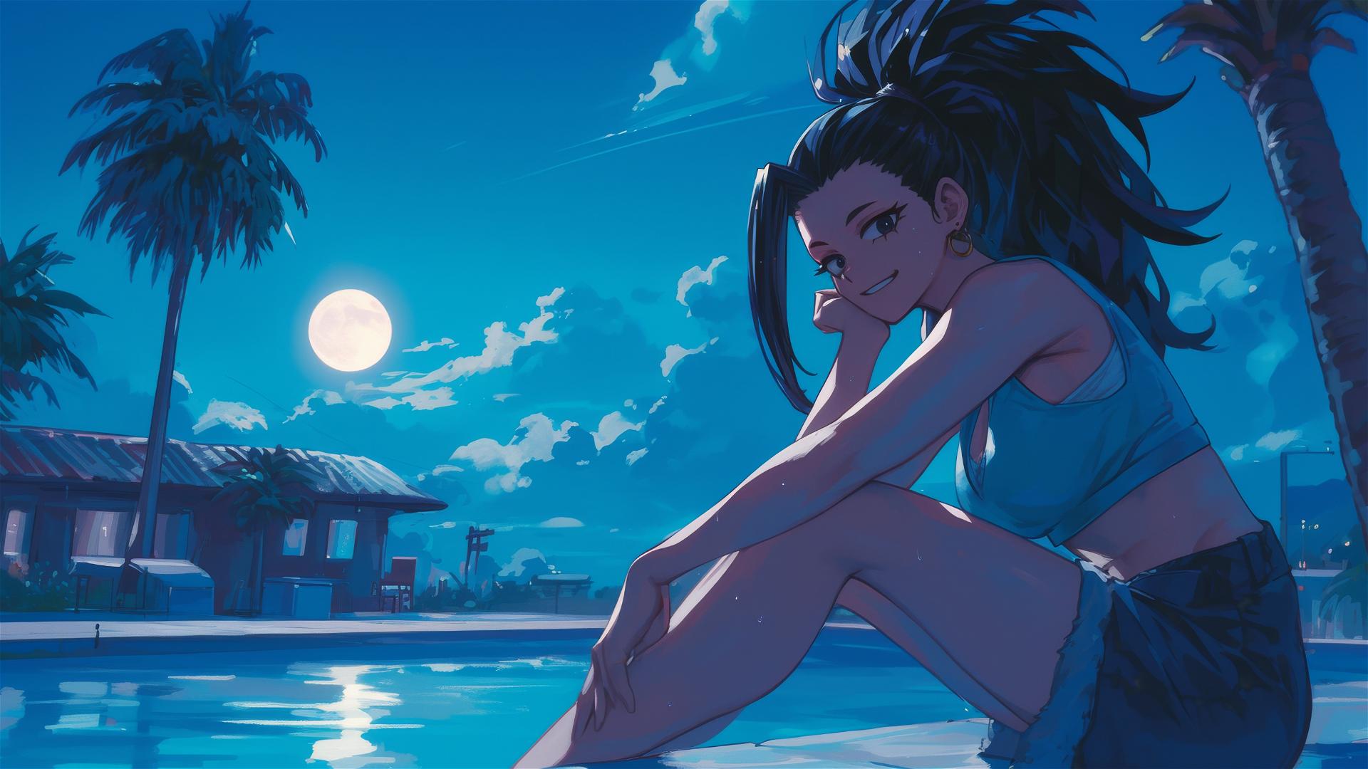 Momo Yaoyorozu from My Hero Academia resting by swimming pool under moonlight