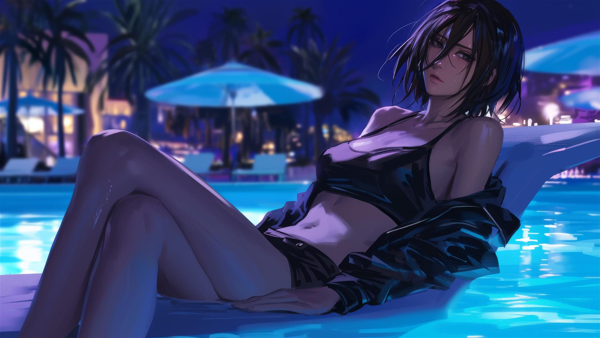 Mikasa Ackerman by poolside under moonlight