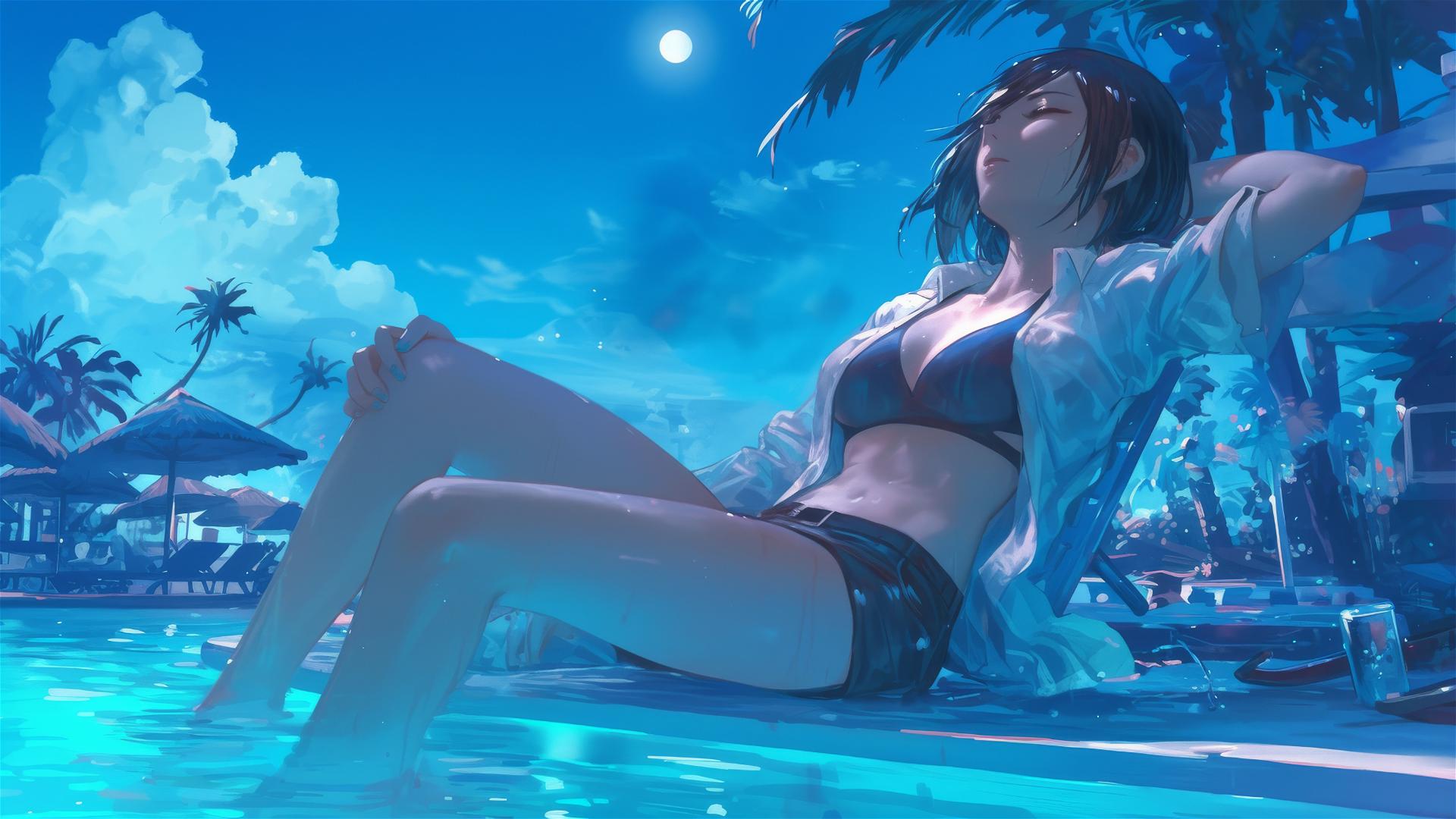 Mikasa Ackerman resting by the pool under moonlight