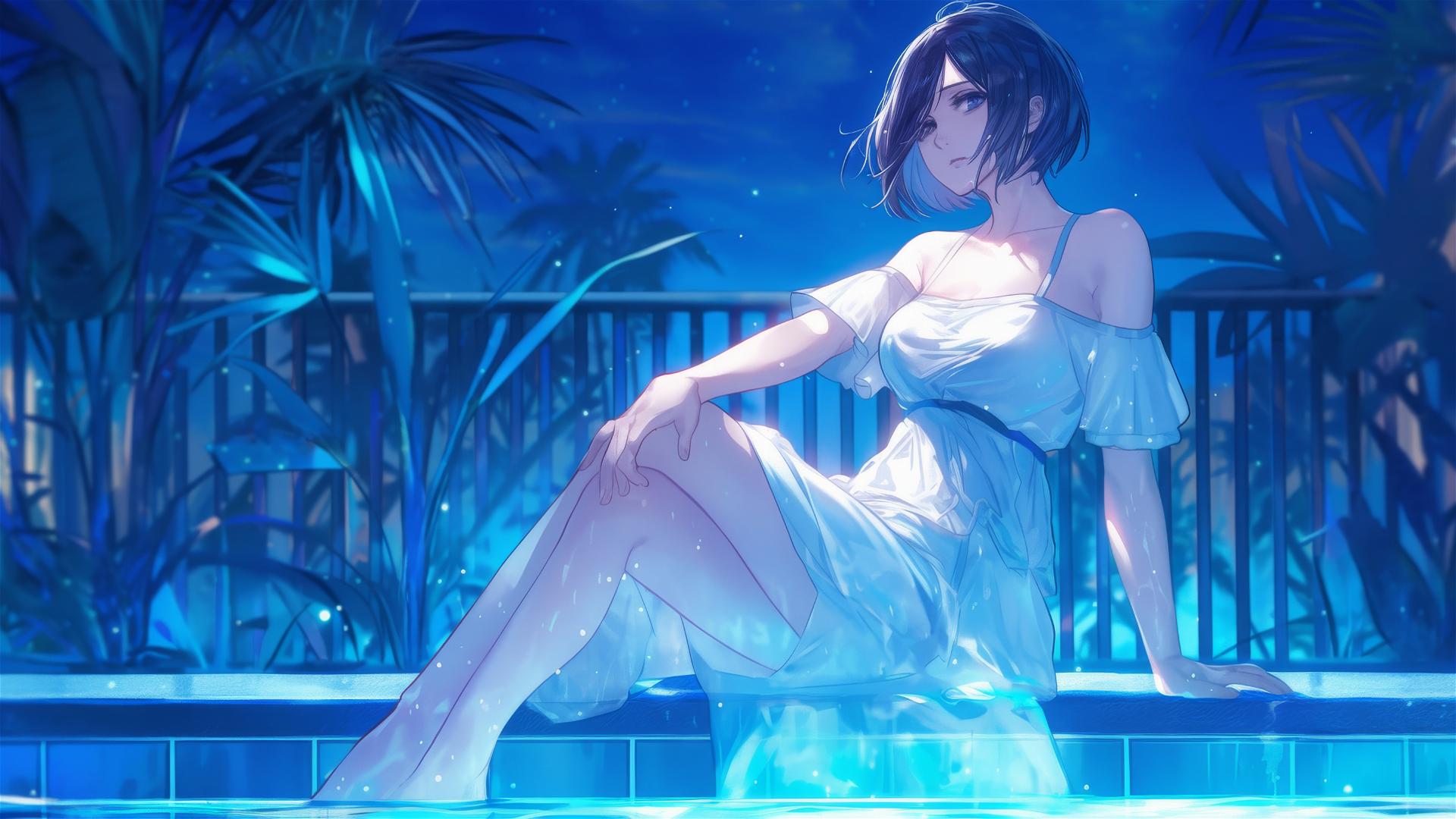 Mikasa Ackerman relaxing by poolside under moonlight