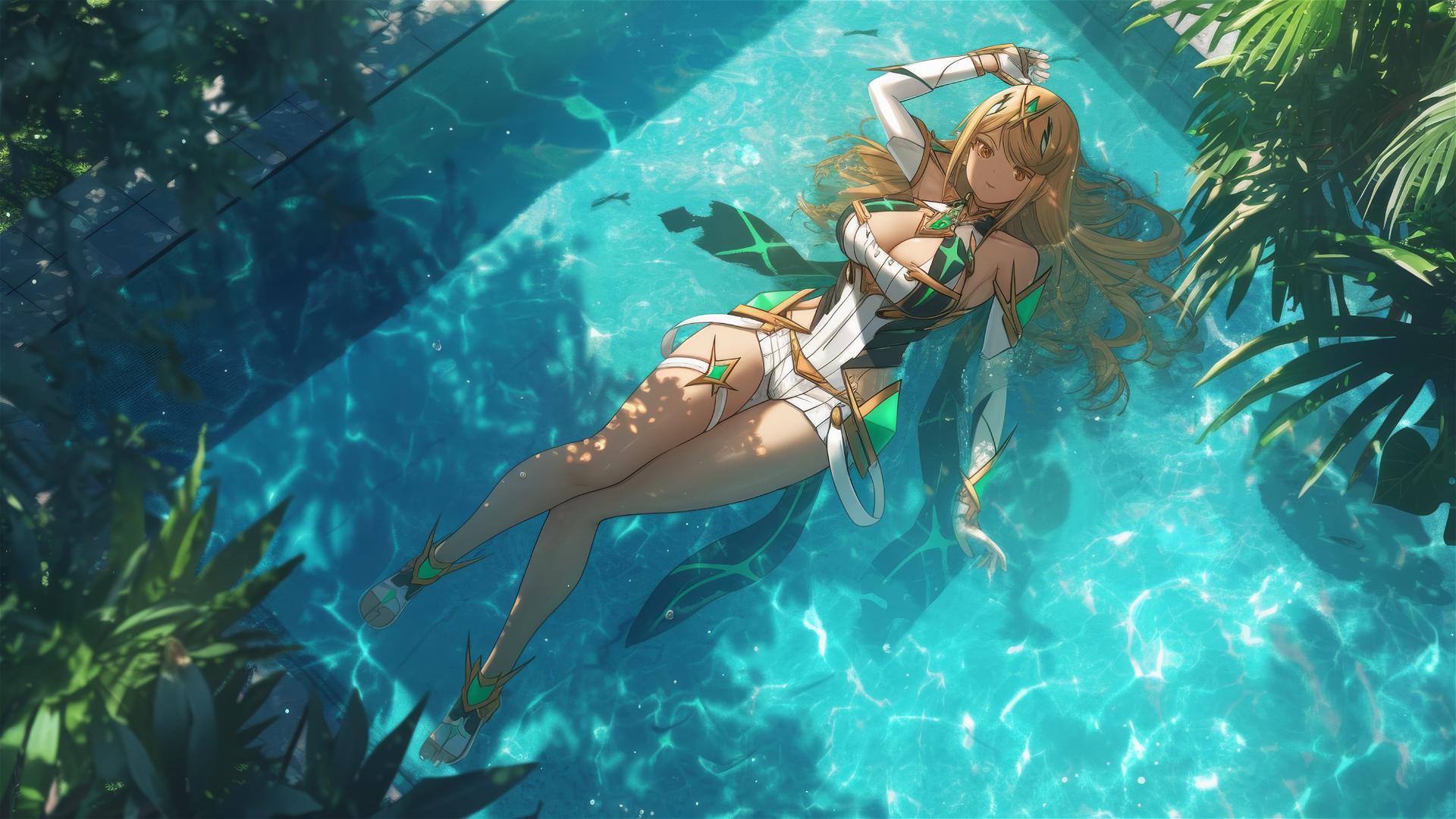 Mythra from Xenoblade Chronicles resting by pool under moonlight