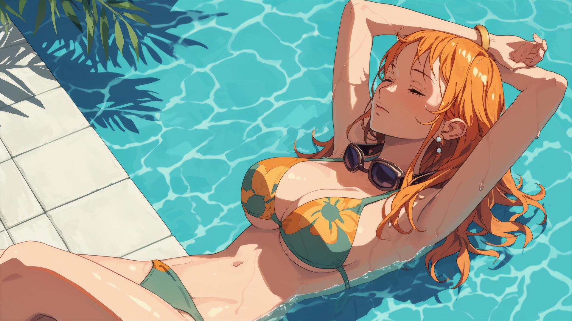 Nami from One Piece resting by the pool under the moon light