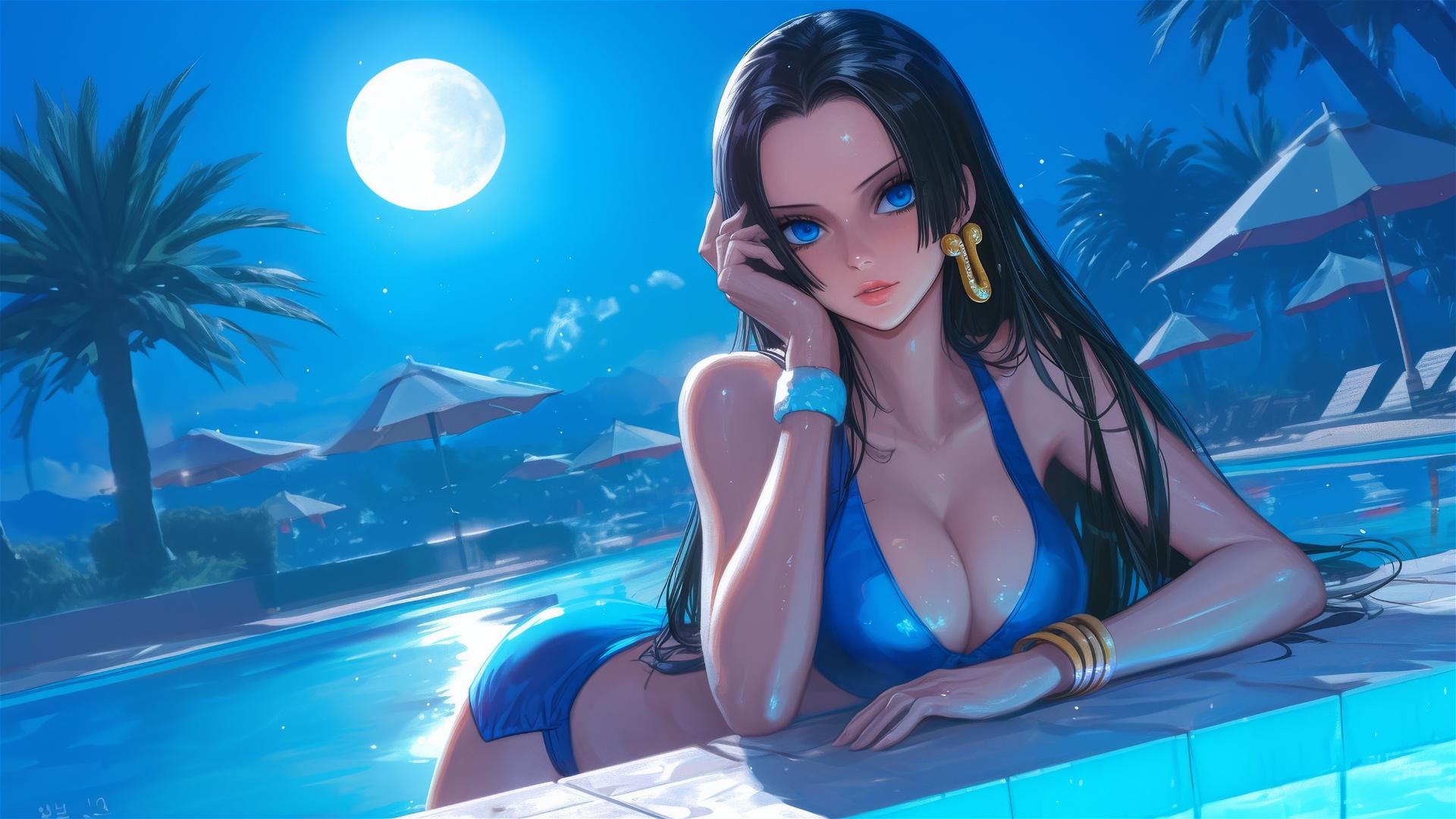 Boa Hancock from One Piece resting by the pool under moonlight