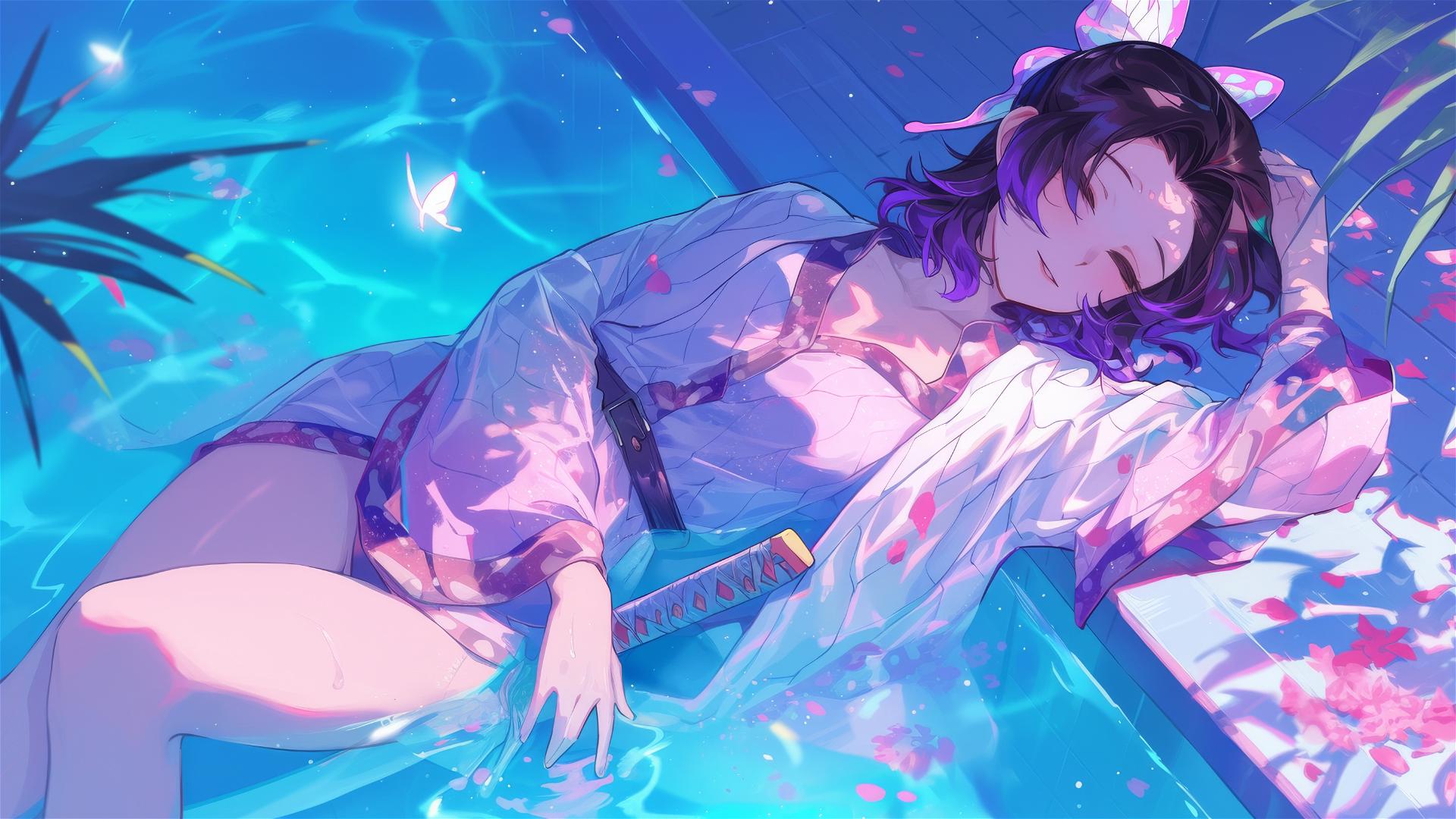 Shinobu Kocho in silk pajamas resting by pool under moonlight