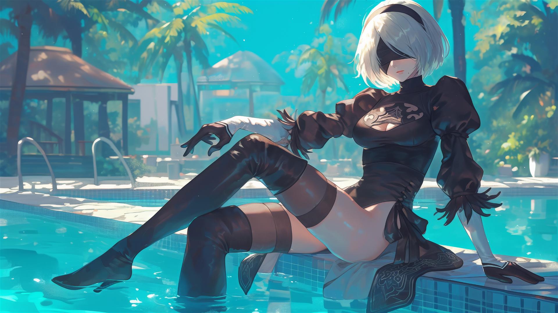 2B from Nier resting by the pool under moonlight