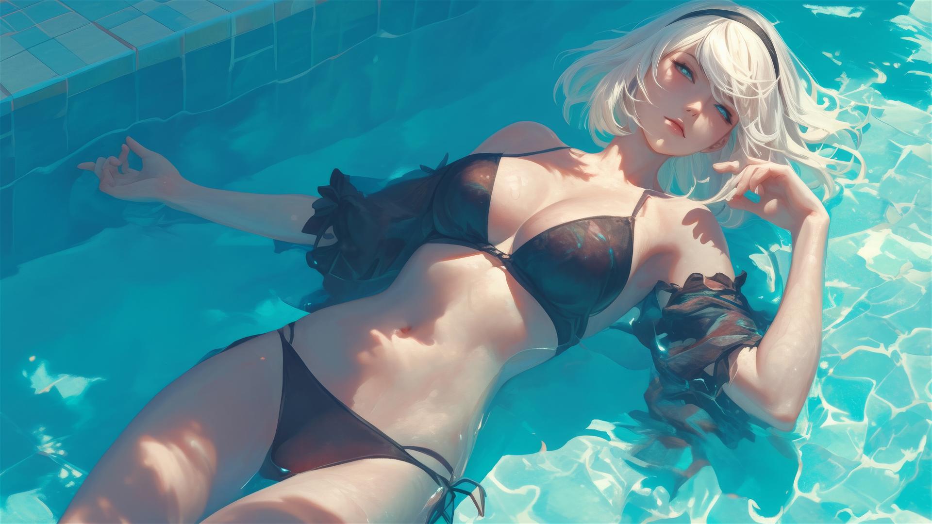 2B from Nier resting by the pool under moonlight