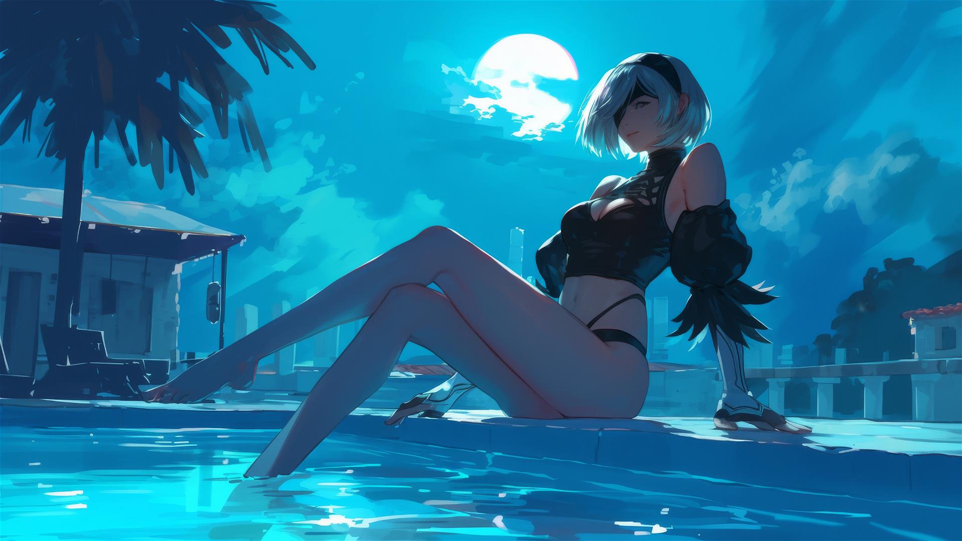 2B from Nier resting by pool under moonlight