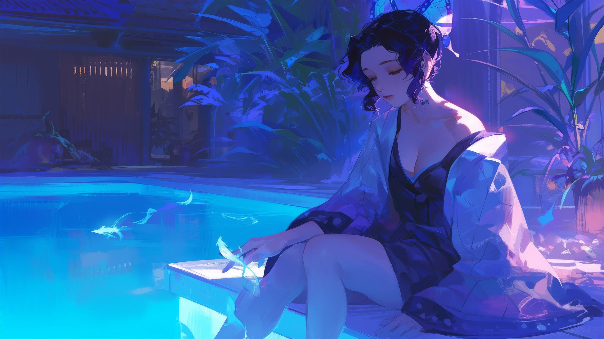 Shinobu Kocho from Demon Slayer resting by pool under moonlight