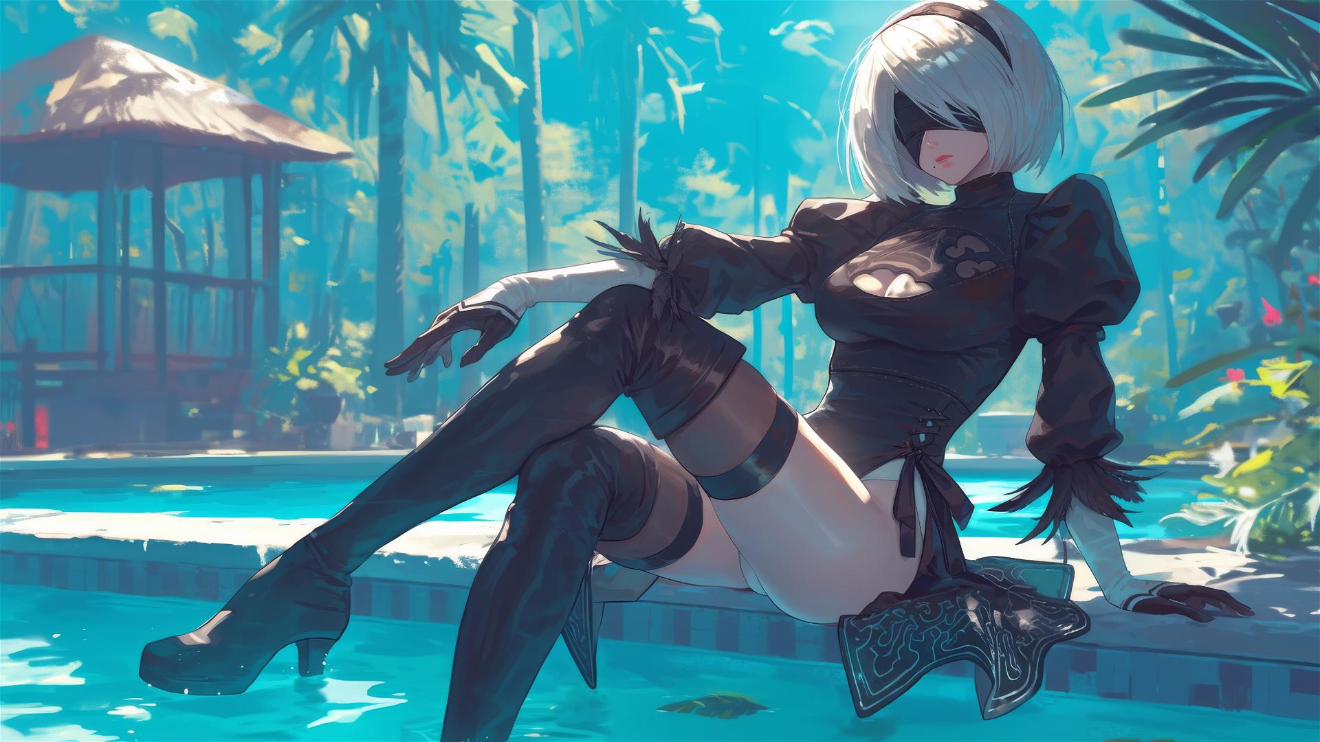 2B from Nier resting by the pool under moonlight