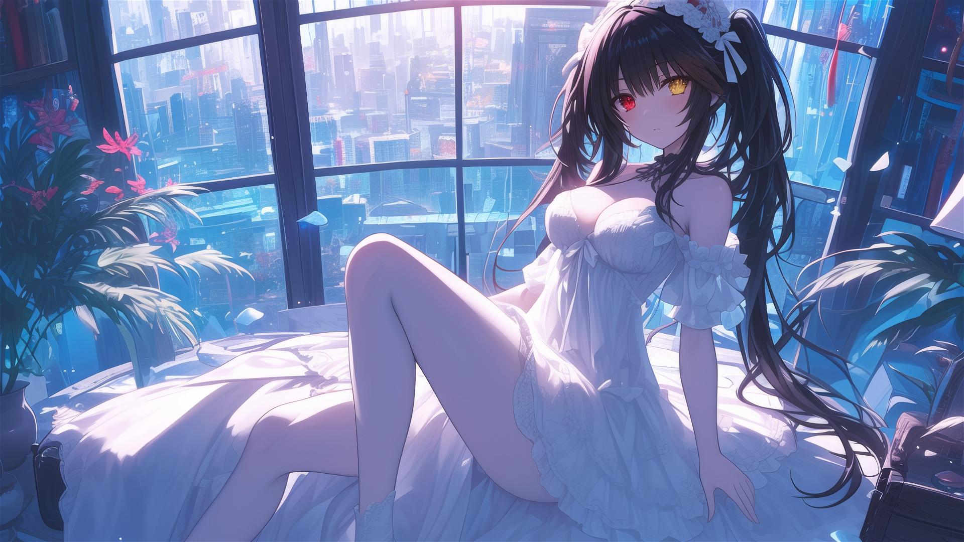 Kurumi Tokisaki resting in moonlight, red and yellow eyes, white dress