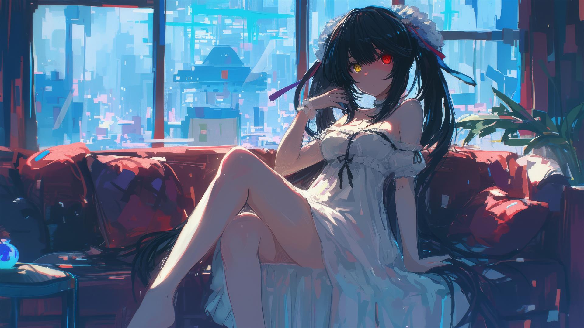 Kurumi Tokisaki resting in moonlit apartment, pure white dress, red and yellow eyes