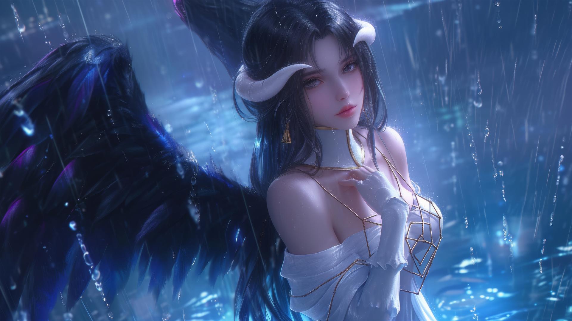 Albedo in a white dress and bunny pose under moonlit rain, reflection in water