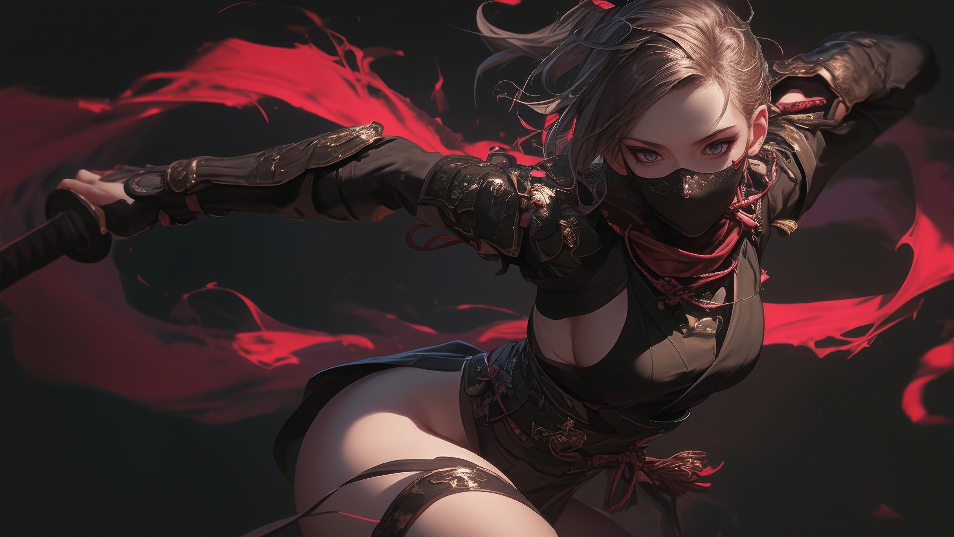 Ninja girl with short hair and mask in dynamic pose with thigh focus