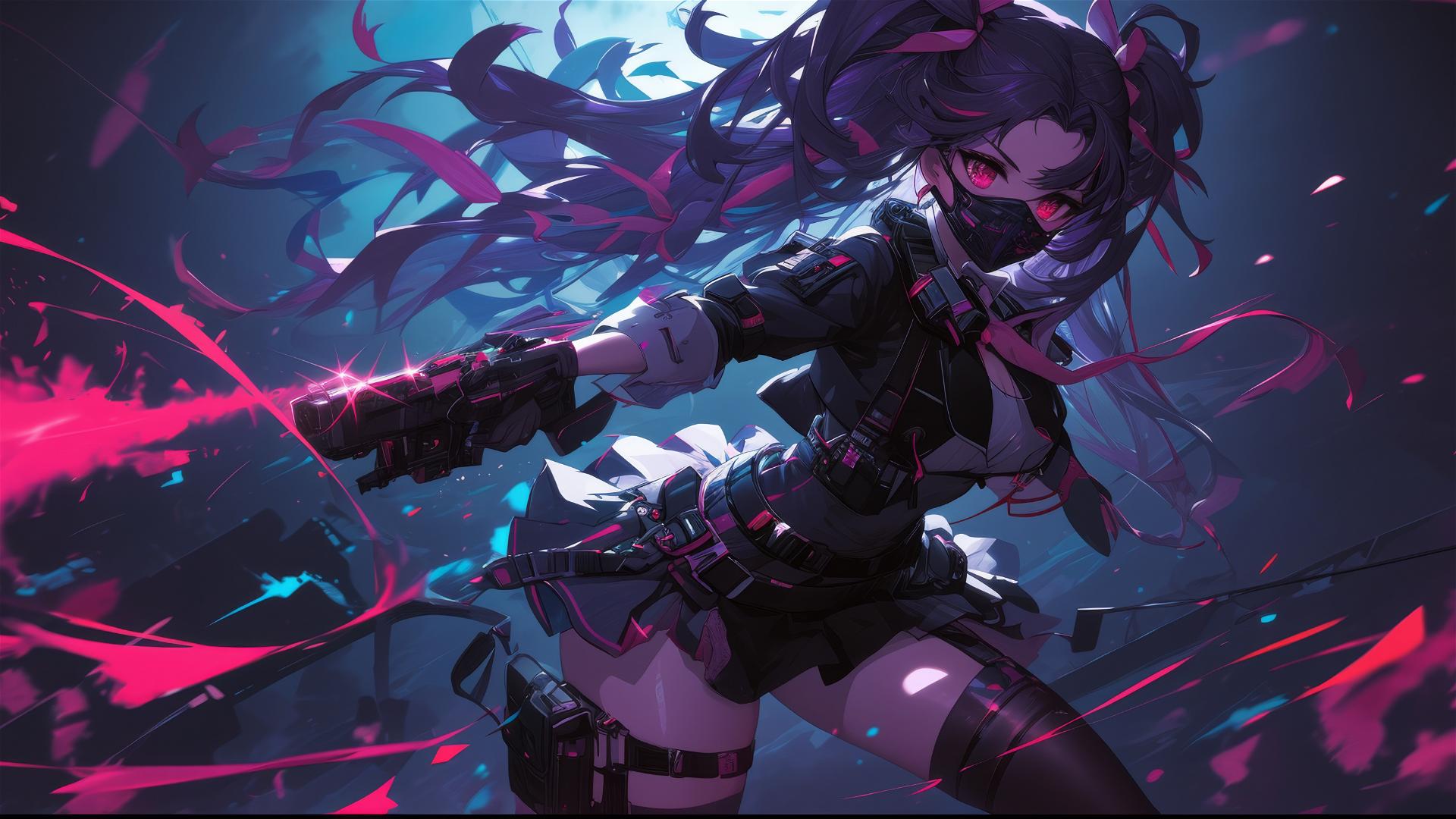 Tactical school girl with dark mask and thigh focus in spotlight