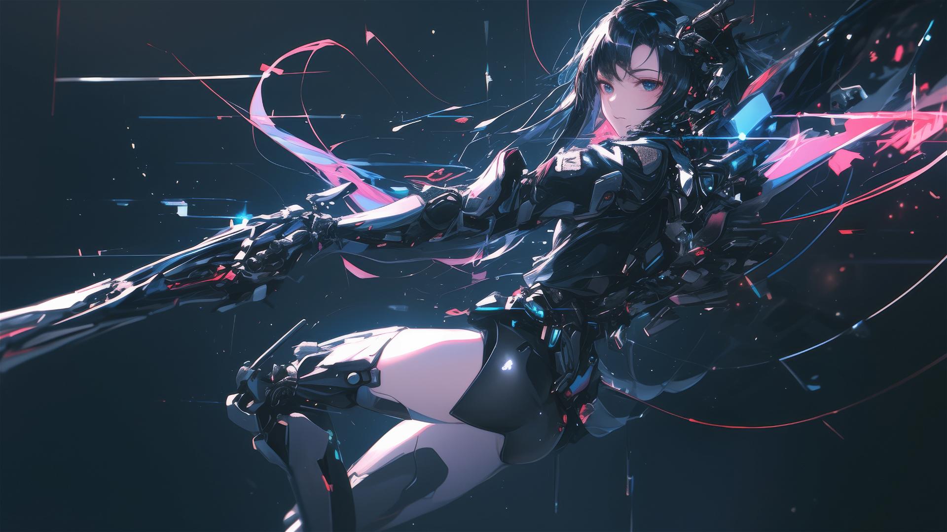 Cybernetic agent girl in dynamic pose with thigh focus on dark background