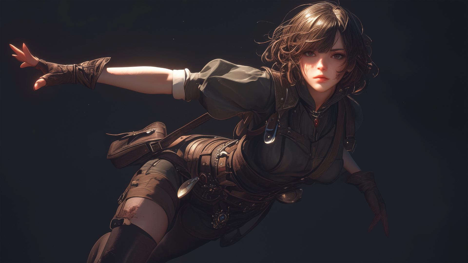 Steampunk Adventurer Girl in dynamic pose with thigh focus
