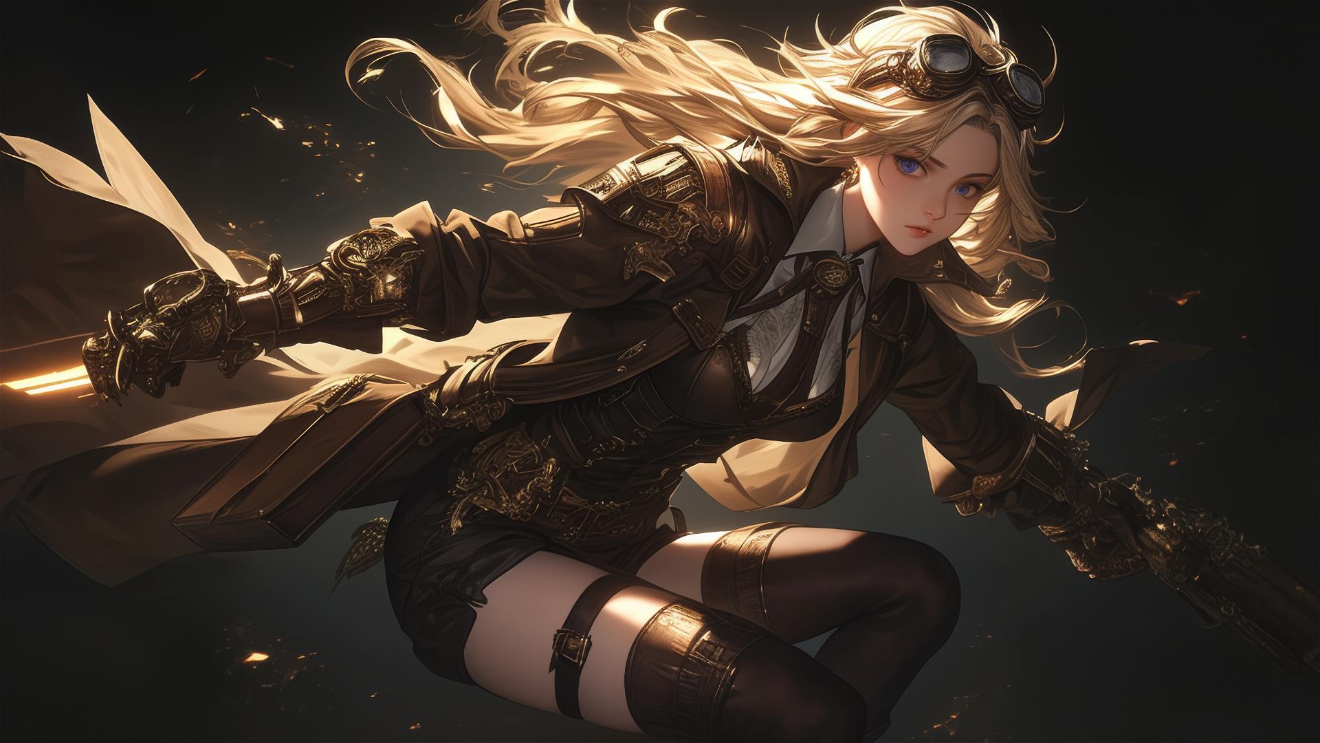 Steampunk Adventurer Girl in dynamic pose on dark background with thigh focus and spotlight effect.