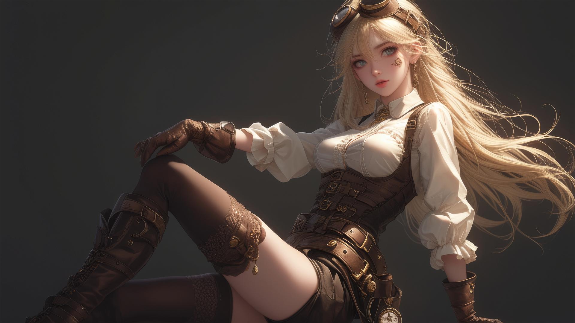 Steampunk adventurer girl in dynamic pose, thigh focus with spotlight