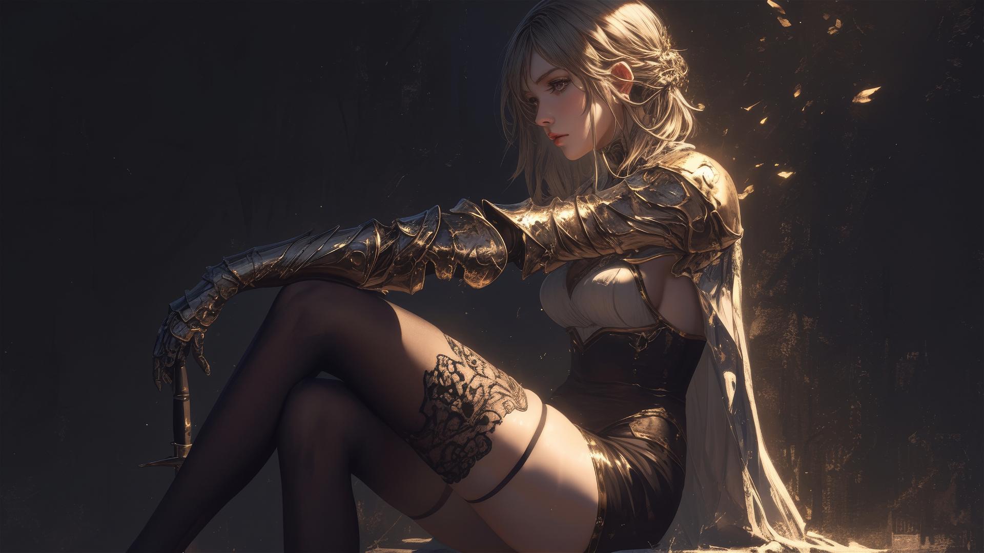 Gladiator Warrior Girl with thigh focus on dark background with spotlight