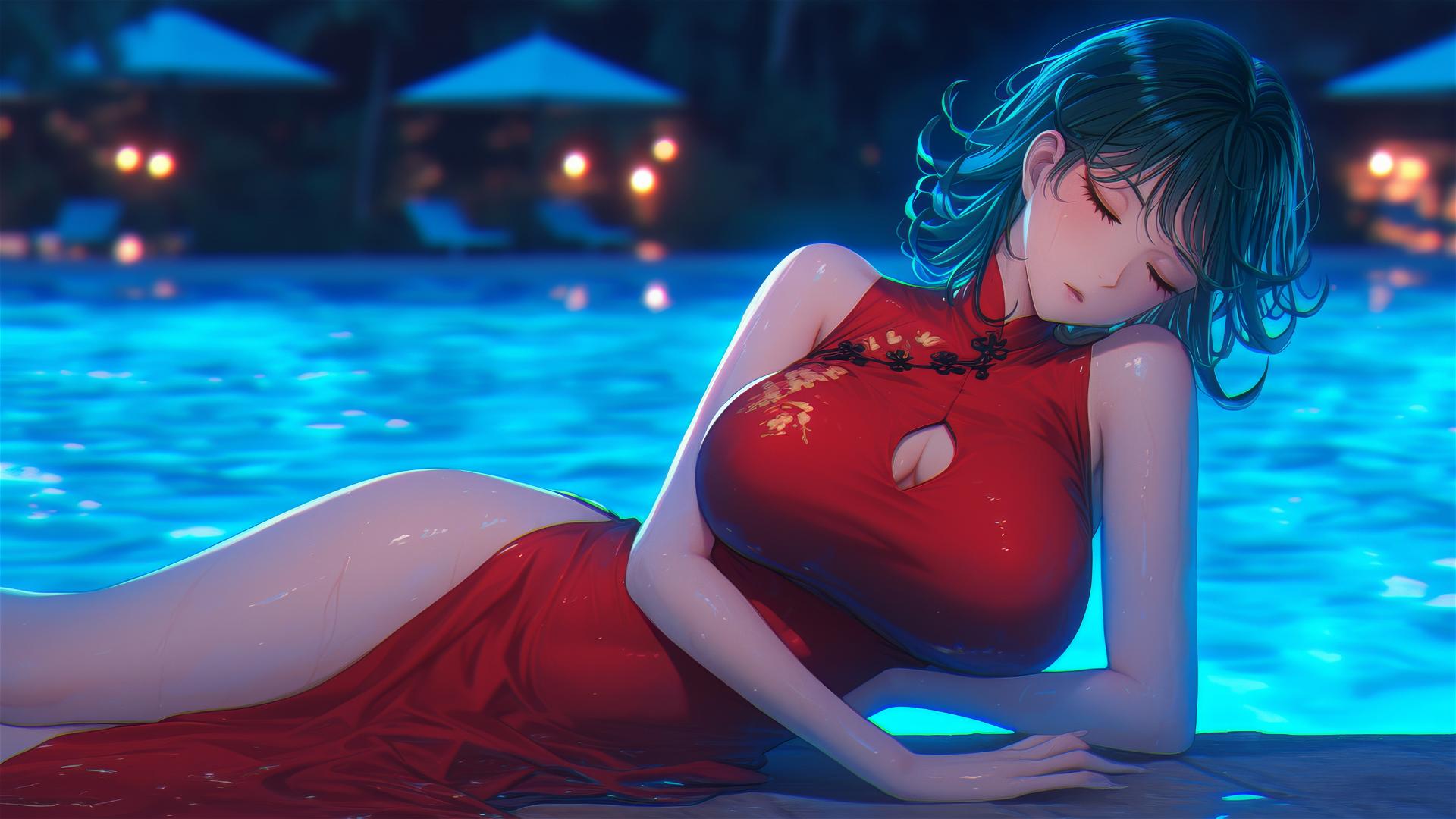 Tatsumaki from One-Punch Man resting by the pool under moonlight, red dress