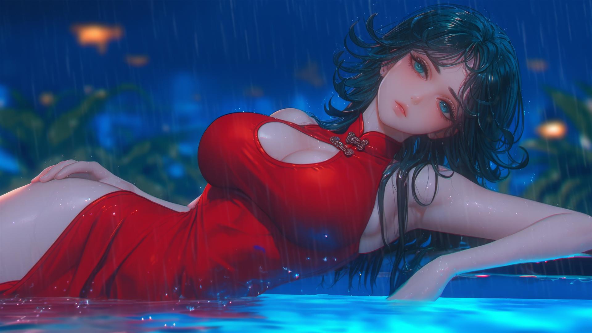 Tatsumaki from One-Punch Man resting by a pool under the moonlight, rain, red dress
