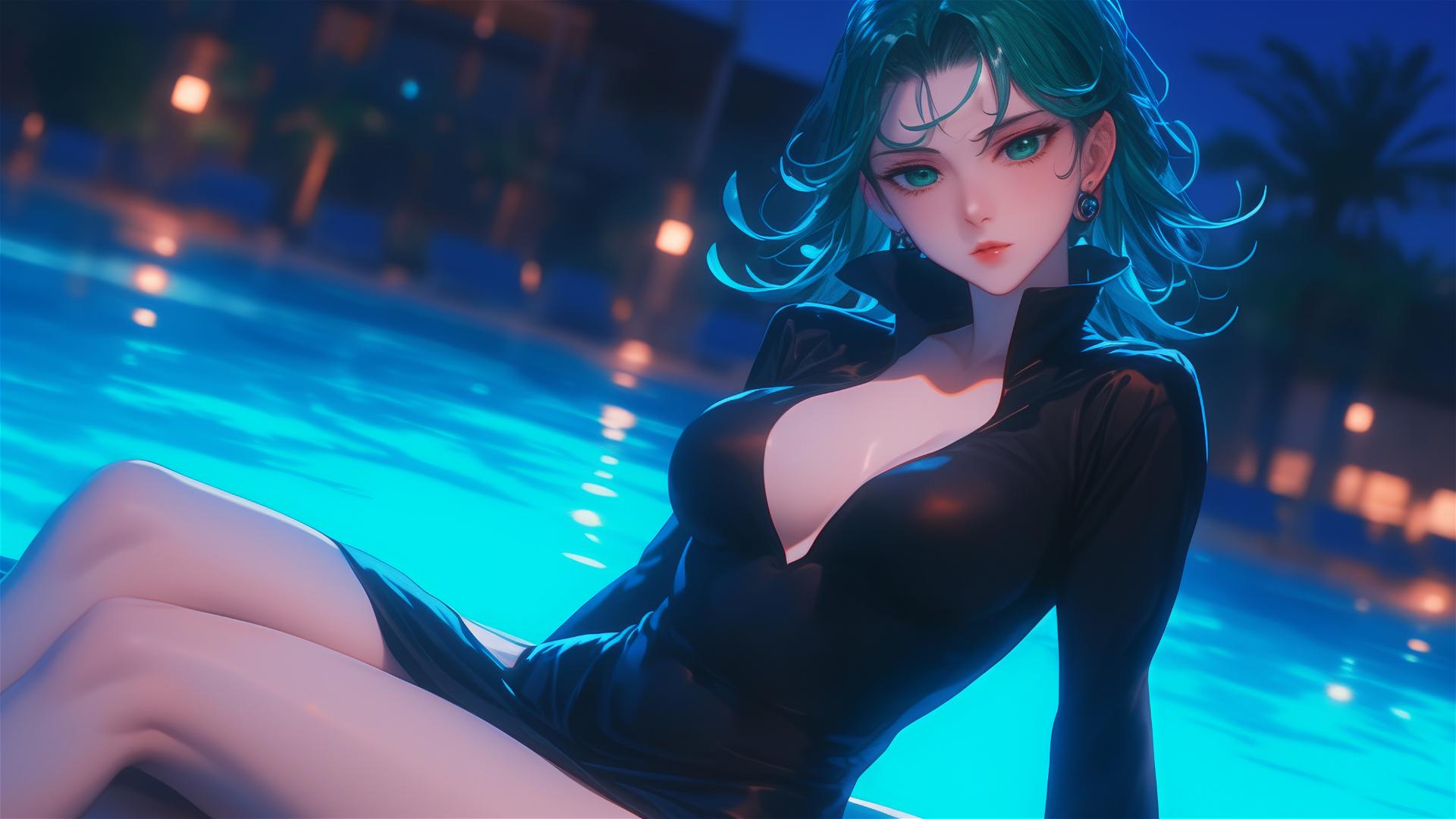 Tatsumaki from One-Punch Man resting by pool under moonlight