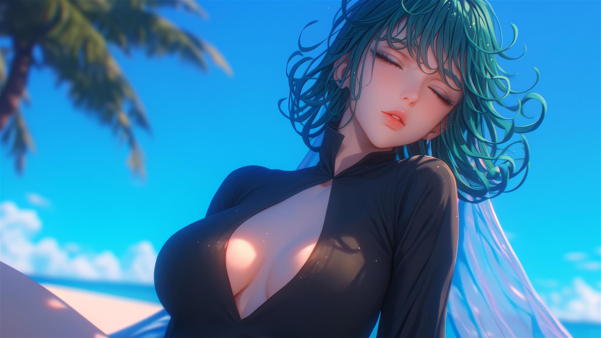 Tatsumaki from One-Punch Man rests by a pool under moonlight