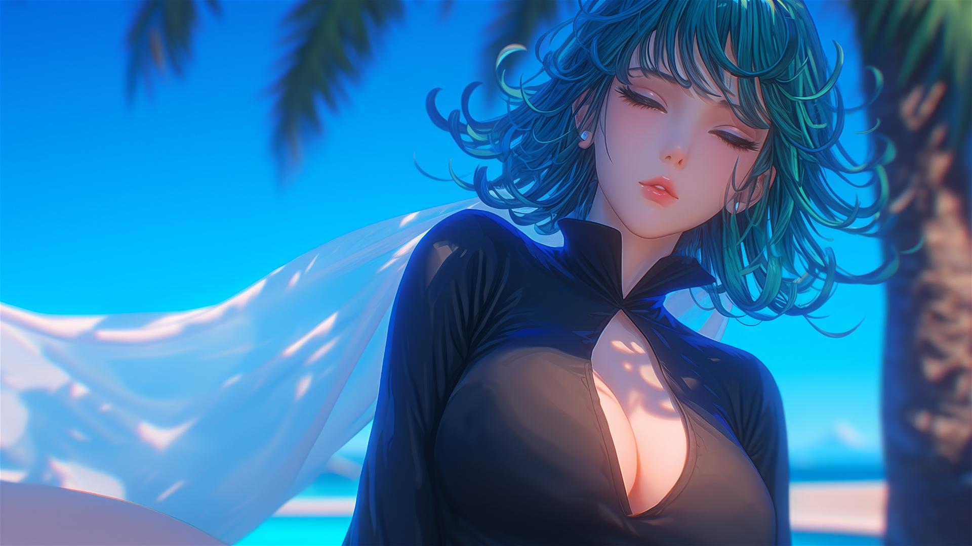Tatsumaki from One-Punch Man resting by the pool in moonlight