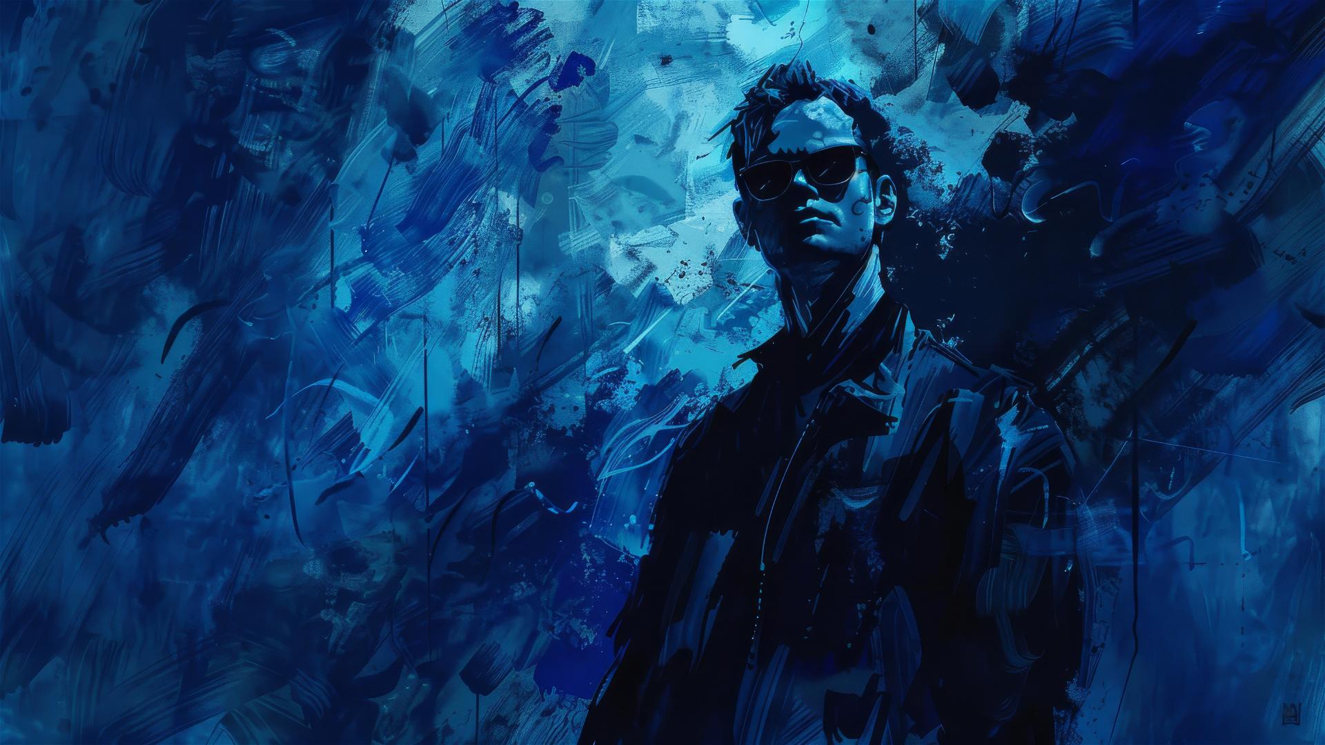 Sharp character with sunglasses amidst blue, black brushstrokes, 'Disco Elysium' style by Greg Rutkowski